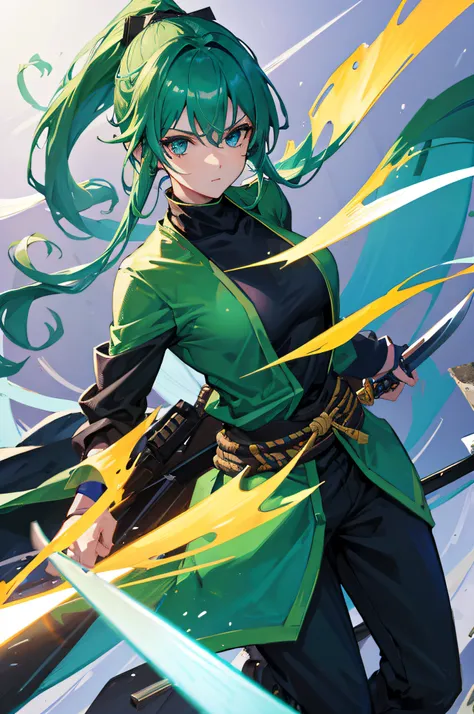 4K,hight resolution,One Woman,Green hair,Blue eyes,Longhaire,ninjartist,Ninja clothes,Knives