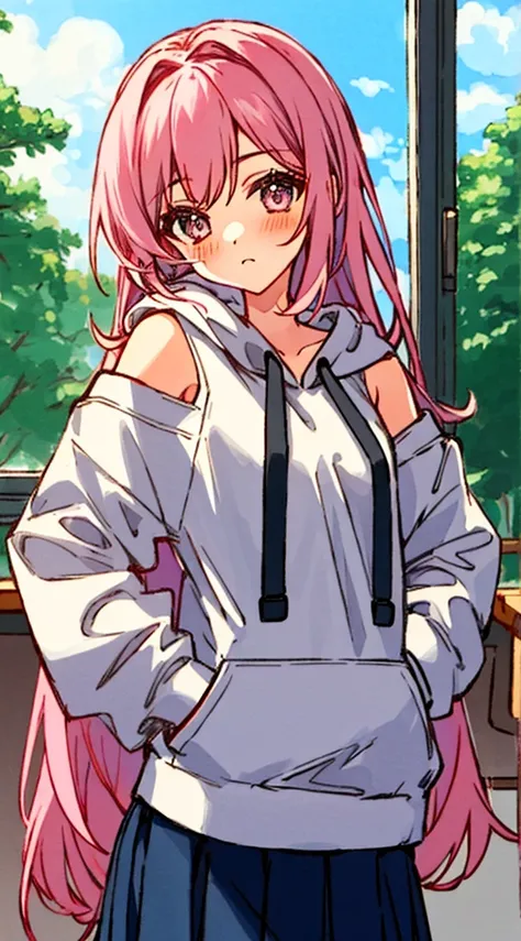 One girl、Pink hair、PastelColors、Cute、blush, tiny chest, oversize hoodie´, tmasterpiece，1girll，独奏，long whitr hair，A pink-haired，hoody，cropped shoulders：1.2，schools，‎Classroom，hand on hips，