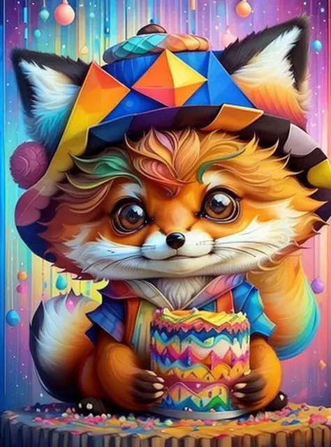 (cute baby fox with a hat and a cake),(melhor pose),(best angle), (better expression), Eduardo Kobra acolchoamento ,multidimensional geometric wall PORTRAIT, arte, Chibi,
Yang08k, lindo, Colouring,
Primary works, qualidade superior, melhor qualidade, Arte ...