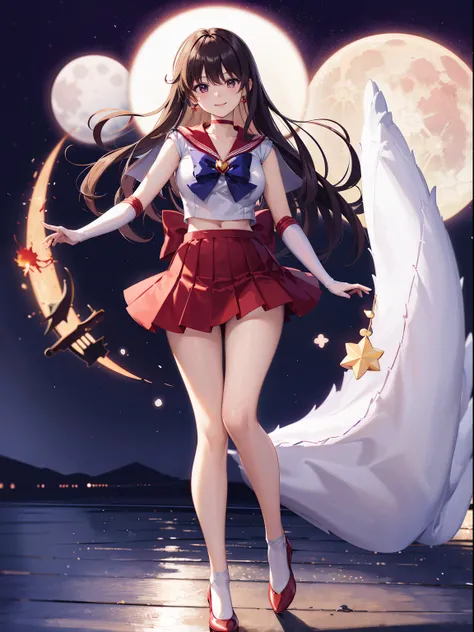 (​masterpiece、top-quality), Hi-Res, SAMA1, tiarra, skirt by the, Sailor Senshi Uniform, white glove, red sailor collar, a red skirt, star choker, elbowgloves, pleatedskirt, Bare legged, 鎖骨, Purple bow, is standing, a smile, a moon,