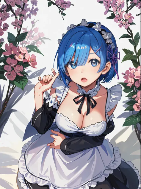 (masterpiece, best quality;1.3), ultra detailed, Looking at viewer, kissy face,   from above, open mouth,full body, kneeling,
rem_re_zero, blue hair, short hair, maid uniform, hair ornament, cleavage, maid headdress, detached sleeves, ribbon heart-shaped p...