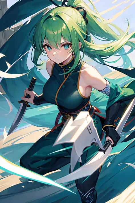 4K,hight resolution,One Woman,Green hair,Blue eyes,Longhaire,ninjartist,White Ninja Uniform,Knives,shuriken,Japan castle town