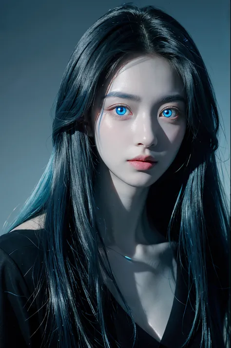 Best quality at best,Perfect masterpiece,Perfect artwork,official works,8K,(portrait of upper body:1.5),(looking aside:1.5),Close-up shot,Blue long-haired girl,(lightblue hair:1.3),(Blue transparent glowing eyes:1.5),merfolk，the ocean,(with black backgroun...