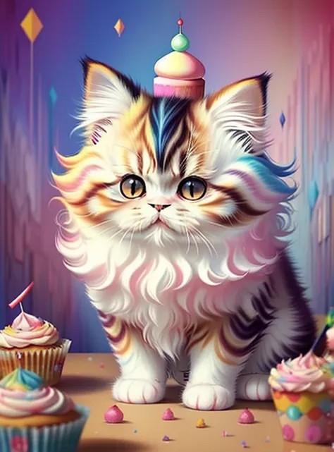 (cute baby persian cat with a cupcake),(melhor pose),(best angle), (better expression), Eduardo Kobra acolchoamento ,multidimensional geometric wall PORTRAIT, arte, Chibi,
Yang08k, lindo, Colouring,
Primary works, qualidade superior, melhor qualidade, Arte...