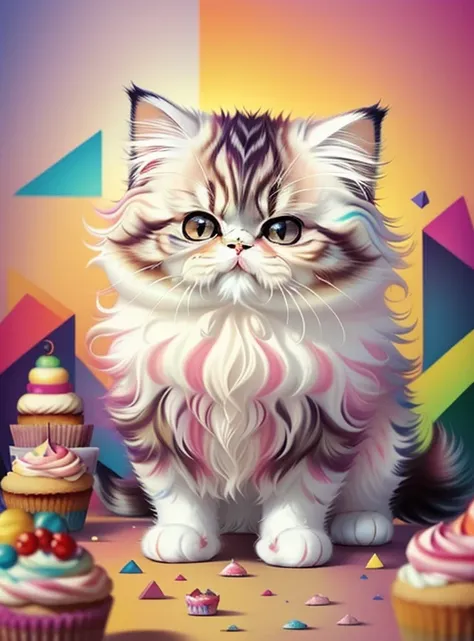 (cute baby persian cat with a cupcake),(melhor pose),(best angle), (better expression), Eduardo Kobra acolchoamento ,multidimensional geometric wall PORTRAIT, arte, Chibi,
Yang08k, lindo, Colouring,
Primary works, qualidade superior, melhor qualidade, Arte...