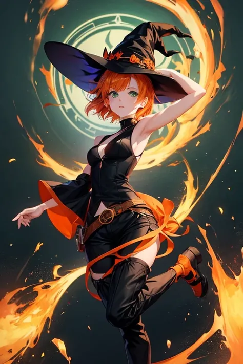 an anime style full body image of a witch with white skin, orange short hair, green eyes, and a witch hat with an orange band around the top, shes wearing a black short top and black long trousers