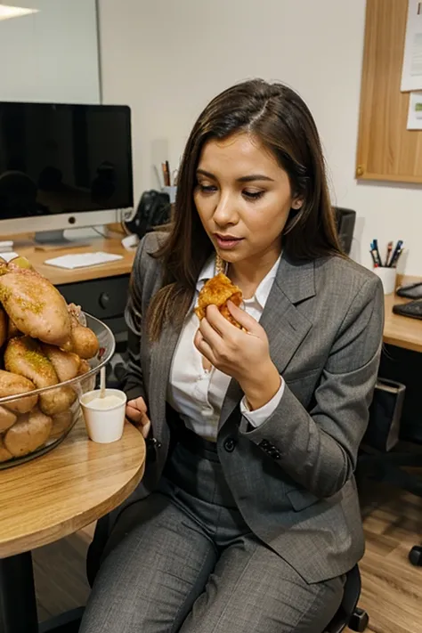 woman in office suit eating chicken