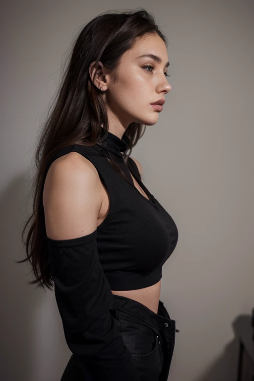 there is a woman in a black top and a black jacket, portrait sophie mudd, , thick neck, 24 year old female model, angelawhite, violet myers, 22 years old, she is wearing a black tank top, 21 years old, profile image