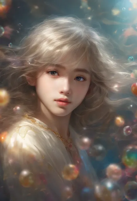 Hsin-chiu-hsien (masutepiece), (Best Quality), (ultra-detailliert),(disheveled hair),(Illustration), (1boy), beautiful finely detailed eyes,Delicate beautiful face,floating,(High color saturation),(Colorful splashes),colorful bubble,(Shining),Focus on Face