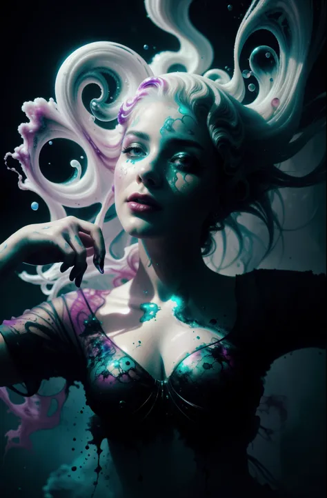 Alberto seveso art, white woman dancing sillhouette, water ink, purple ink water, black ink cloud, bubbles, alberto seveso art, loose painting style, intricate detail, cinematic lighting, octane render, 8k render, volumetric lighting