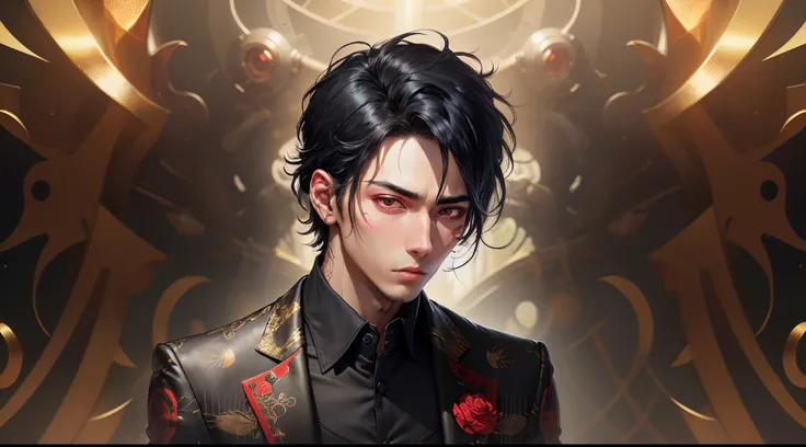 Male, straight black hair, red eyes, black suited with red pattern