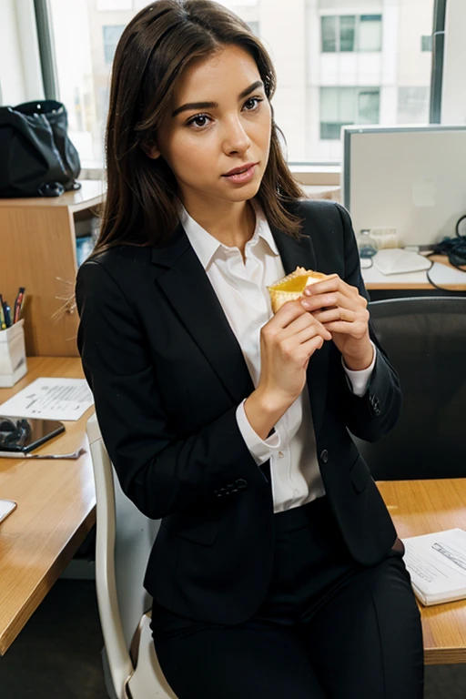 woman in office suit, eating lunch