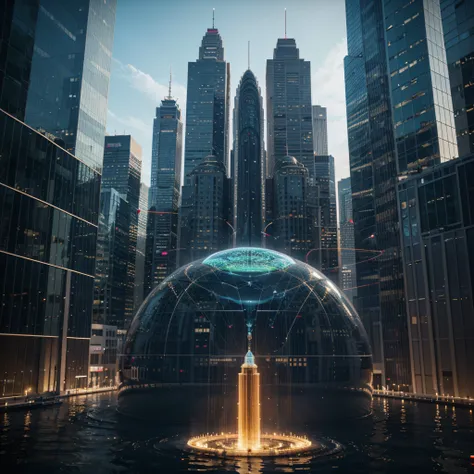 Ciudad de datos flotante: Let&#39;s imagine a futuristic vision of a "Ciudad de datos flotante", where rivers of information flow like liquid lights between glass skyscrapers. En el centro de esta ciudad, Una poderosa IA se representa como un colosal edifi...