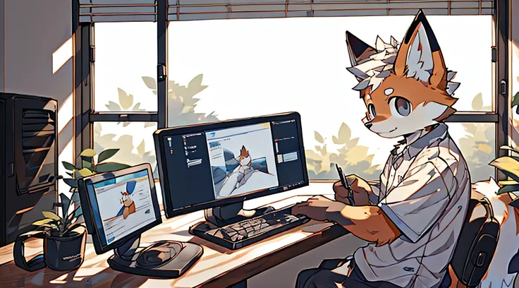 furry,bara,fox,masculine,all white fur,Mild hemorrhoids form.,Black eyes,Sit on the computer surface,Looking at the computer screen,The sides were cut out to form windows..,in the bedroom.,Not much light,Shota