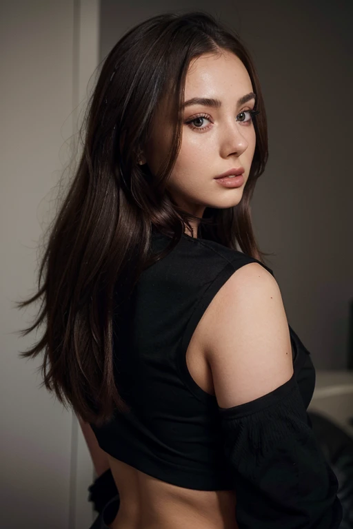 there is a woman in a black top and a black jacket, portrait sophie mudd, , thick neck, 24 year old female model, angelawhite, violet myers, 22 years old, she is wearing a black tank top, 21 years old, profile image, italian