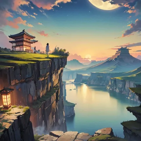 （japanese landscape painting），（Precipitous cliffs illuminated by a huge moon），poet on the edge，Cheers to the monthly drinking party，Ultra-long viewing angle