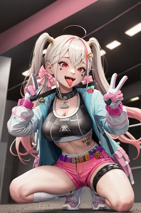 masterpiece, best quality, 1girl, solo, standing, tongue, :D, nikkejackal, facial mark, ahoge, twintails, hair ornament, open clothes, jacket, sports bra, pink shorts, single thighhigh, pink gloves, fangs, squat