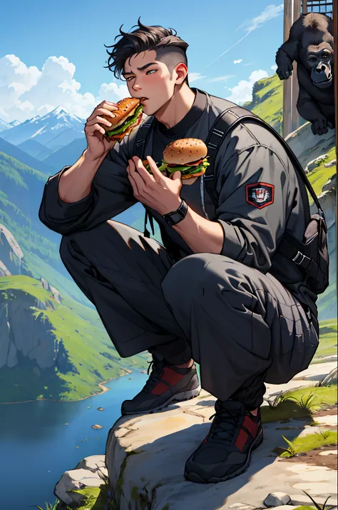 Joshua from Seventeen eating a burger on top of a mountain next to a gorilla