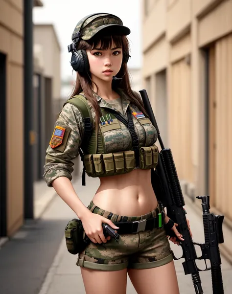 1girl, solo, long hair, brown hair, black hair, navel, holding, weapon, shorts, midriff, holding weapon, gun, military, headphon...