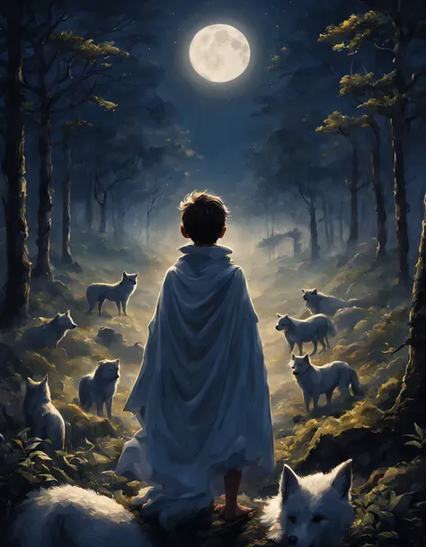 em uma noite de lua cheia, um garoto de 15 anos caminha pelas sombras da floresta. He is an unusual hybrid, metade humano e metade lobo. Your body is wrapped in snow-white fur, e suas orelhas e cauda de lobo brilham na luz prateada da lua. As the full moon...