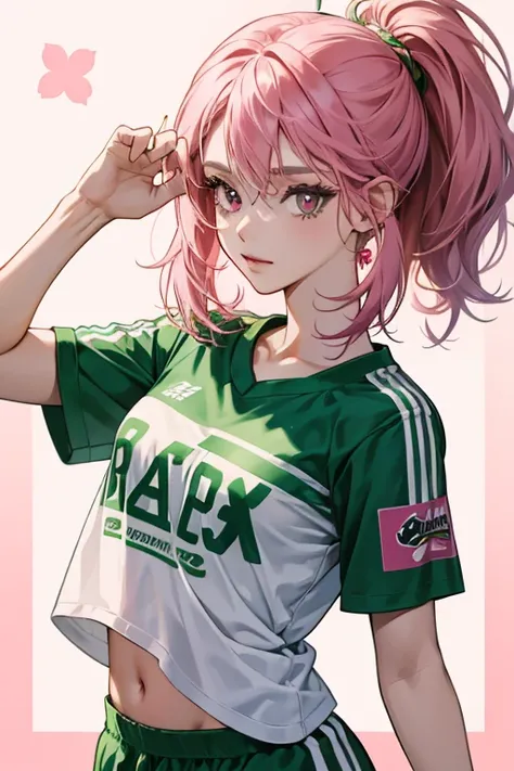 girl wearing a Palmeiras brazilian soccer team t-shirt; pink hair; green and pink eyes