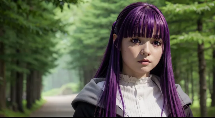 fern, long hair, bangs, (purple eyes:1.1), ((purple hair)), sidelocks, blunt bangs, bright pupils, half updo, shirt, dress, jacket, white shirt, open clothes, hood, white dress, hood down, looking at viewer, upper body, outdoors, forest, detailed face, det...