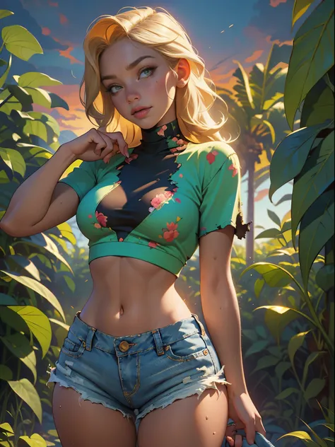 2076 year. The Urban Ruins of the Wasteland, Female huntress picking fruit in the garden, beautiful face, blonde, badly torn shirt and denim shorts ,  long legs, sweating through, sun rising, Nice warm colors, head to toe, full body shot, pretty hands, per...