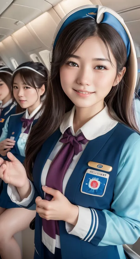 (top-quality、​masterpiece:1.2)、Best Quality、realisitic、photoshot、hight resolution、1080p、8K、Textured skin、Physical Rendering、1 Japan Girls、a junior high school student、kawaii、Young Face、Rolled hair、(Japan Air Stewardess:1.5)、On the plane、full of shyness、smi...