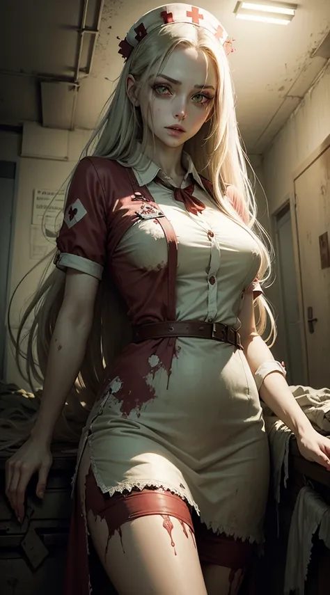 masterpiece, realistic, Illustration of a beautiful zombie nurse lady, with long hair, green eyes, pale skin lying in front of an abandoned hospital