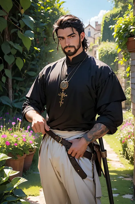 (best quality, Altas, master part:1.2), ultra-detalhado, Realistic:1.37, HDR, cavaleiro medieval em um jardim, cabelos pretos, barba, rosto e olhos detalhados, medieval shirt and pants, empunhando uma espada.