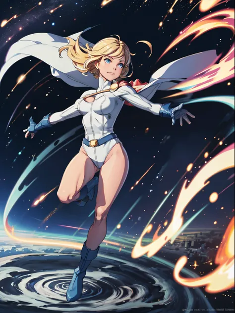 1girl, leotard, CARTOON_DC_powergirl_ownwaifu, bare legs, boots, gloves, space, solo, single, spread arms, standing, spinning like a tornado, light particles, sparkling, super speed, solo, single, speed lines, blonde hair, blue eyes, rapid gyration, tornad...