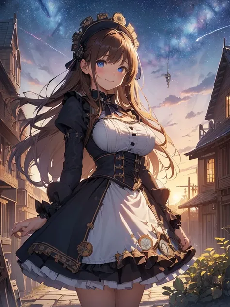 top-quality、Top image quality、​masterpiece、SF Girls((24 year old、Best Bust、big bast、Bust 90,Beautiful blue eyes、,Brown hair long hair、A slender、a closeup、Esbian、Gothic Maid costume、pinafore、hiquality、Beautiful Art、Background with((starrysky)))masutepiece、v...