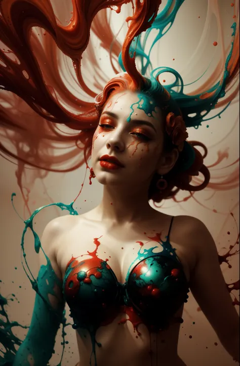 Alberto seveso art, white woman dancing sillhouette, water ink, crimson red ink water, orange ink cloud, yellow bubbles, alberto seveso art, loose painting style, intricate detail, cinematic lighting, octane render, 8k render, volumetric lighting