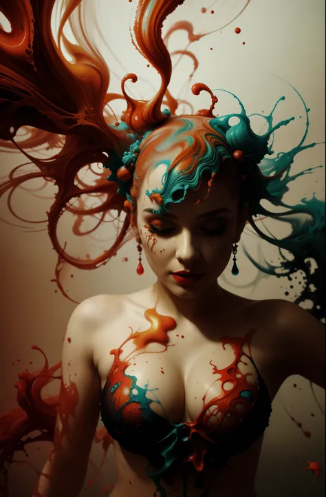 Alberto seveso art, white woman dancing sillhouette, water ink, crimson red ink water, orange ink cloud, yellow bubbles, alberto seveso art, loose painting style, intricate detail, cinematic lighting, octane render, 8k render, volumetric lighting