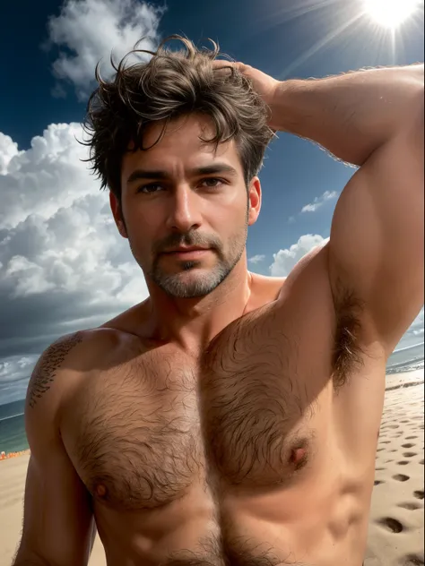 masterpiece, best quality, high resolution, closeup portrait, male focus, solo focus, A man, 40 years old, grey hair, in speedo, grey silver hair, messy hairstyle, cute and seductive face, bare chest, body hair, facial hair, pale skin, sun freckles, roman ...