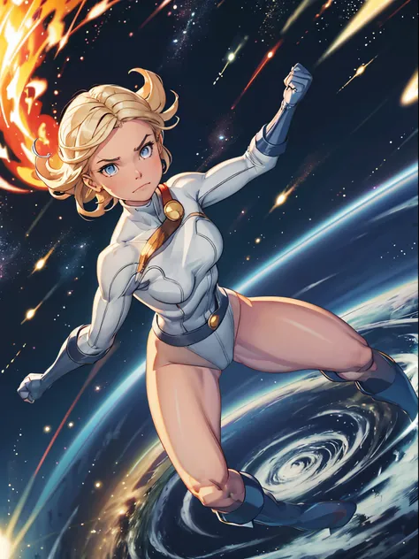 1girl, leotard, cartoon_dc_powergirl_ownwaifu, bare legs, boots, gloves, space, solo, single, spread arms, standing, spinning li...