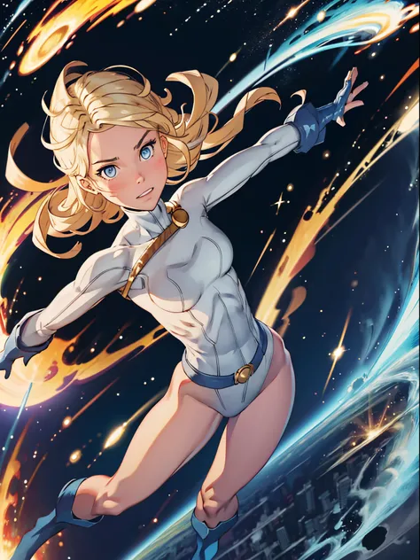 1girl, leotard, CARTOON_DC_powergirl_ownwaifu, bare legs, boots, gloves, space, solo, single, spread arms, standing, spinning like a tornado, light particles, sparkling, super speed, solo, single, speed lines, blonde hair, blue eyes, rapid gyration, tornad...