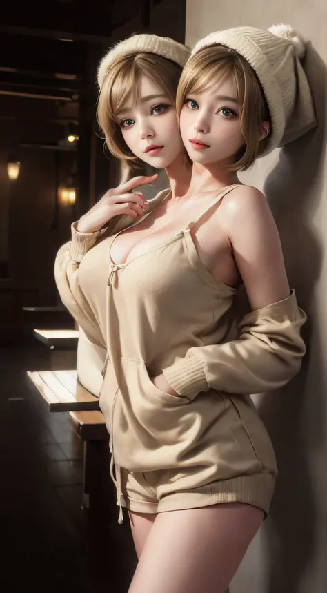 (masuter piece:1.3)、(8K、Photorealsitic、Raw photography、top-quality: 1.4)、(1girl in)、beautiful countenance、(Lifelike face)、(Light Beige Mixed Hair、short-hair:1.3)、(Busty Boobs)、Wearing a short, hooded hoodie、shortpants、Beanie、Wearing a knitted cute pom-pom ...