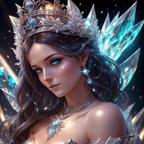 Uma Mulher com cabelo platinado:, em um vestido de flores de gelo, a beautiful crown on her head, Rosto detalhado, pele detalhada, frente, fundo floresta congelada, cobrir, Deszoom, Gargantilha, pintura hiperdetalhada, Luminismo, bar lighting, Complexo, 4k...