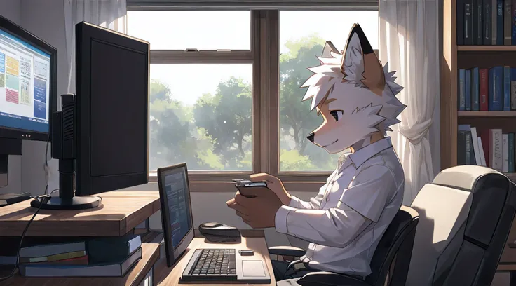 furry,bara,fox,masculine,all white fur,Mild hemorrhoids form.,Black eyes,Sit on the computer surface,Looking at the computer screen,The sides were cut out to form windows..,in the bedroom.,Not much light,Shota