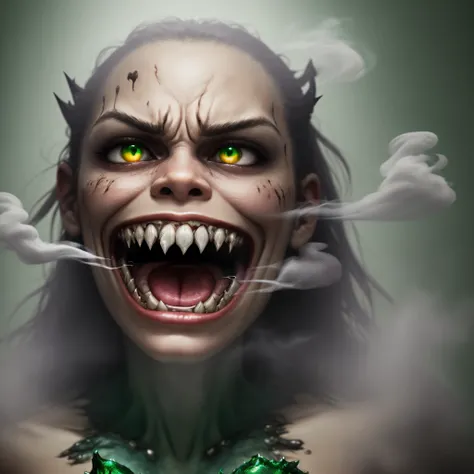 women screeching with the texture of smoke  whitegold angry eyes rotting pointed teeth monster portrait, studio light, on an emerald colored background