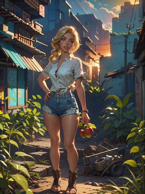 2076 year. The Urban Ruins of the Wasteland, Female huntress picking fruit in the garden, beautiful face, blonde, badly torn shirt and denim shorts ,  long legs, sweating through, sun rising, Nice warm colors, head to toe, full body shot, pretty hands, per...