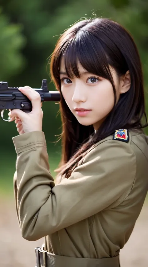 masutepiece, Best Quality, 1boy, Cowboy Shot, Delicate eyes, Military uniform,  AK-47, orgasm, Kalashnikov_rifle, assault_rifle, Holding_gun