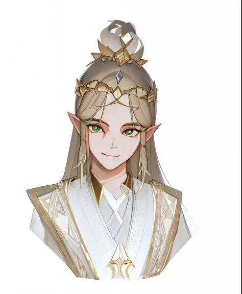 Antique long-haired boy，Wearing a hair crown，Blonde hair, green-eyed，Wearing light white robe，Trimmed with gold border pattern，From Jian Wang 3 style，ssmile，Two-dimensional style，flat style，The action is rich