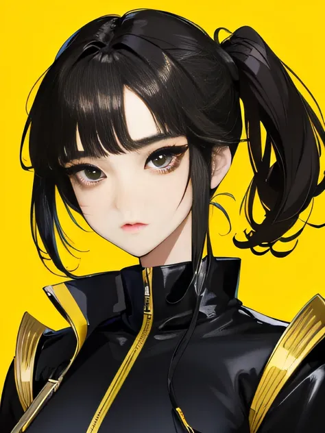 Ridiculous resources, tmasterpiece, Best quality at best, light toned, korean girls in kpop，There is a beautiful face , Beautiful black hair , Characters in web comics, Anime black eyes, Yellow jacket, Masterpiece background, detailedbackground，