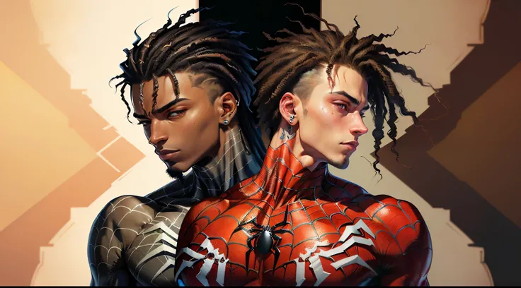 Male with brown skin, black dreads and dark brown eyes. Has tattoos, wears stud earrings and he’s Spider-Man. Has a black and white Spider-Man suit