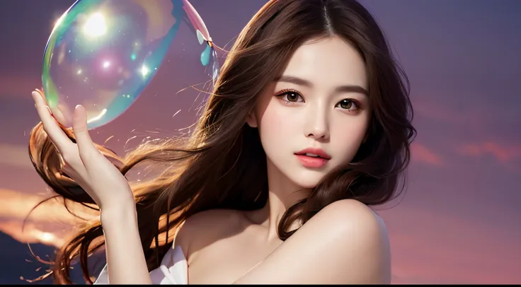 VOGUE Cosmetics advertisement cut with a pictorial feel, mysterious pink sky, Beautiful woman inside a soap bubble, shiny and shiny brown hair, detailed eyes and face, upper half body, Feeling innocent and beautiful like Aphrodite