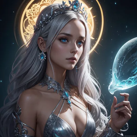 Uma Mulher com cabelo platinado:, em um vestido de flores de gelo, a beautiful crown on her head, Rosto detalhado, pele detalhada, frente, fundo floresta congelada, cobrir, Deszoom, Gargantilha, pintura hiperdetalhada, Luminismo, bar lighting, Complexo, 4k...