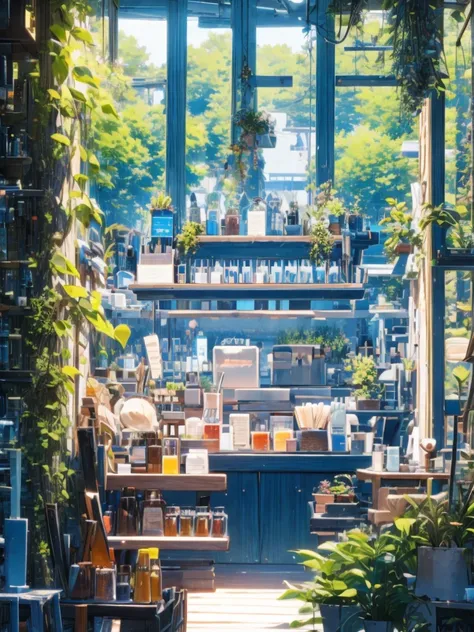 There are colorful flowers outside the window，Surrounded by colorful crystal bottles adding cute trinkets，The witch is making a potion，Harry Potter World