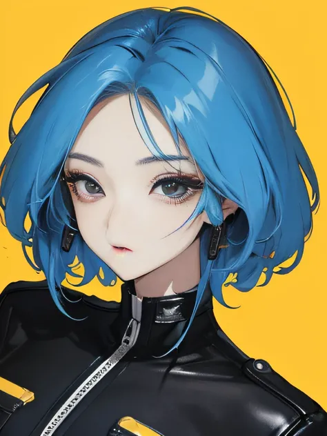 Ridiculous resources, tmasterpiece, Best quality at best, light toned, korean girls in kpop，There is a beautiful face , Beautiful blue hair , Characters in web comics, Anime black eyes, Yellow jacket, Masterpiece background, detailedbackground，